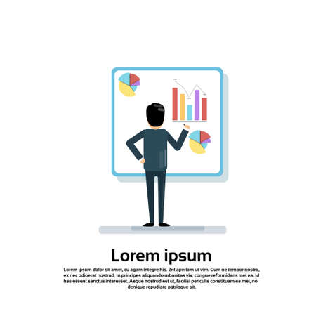 Business Man Showing Graph Seminar Training Conference Brainstorming Presentation Flat Vector Illustrationのイラスト素材