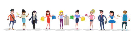 Different Diverse People Group Cartoon Characters Crowd Full Length Flat Vector Illustrationのイラスト素材