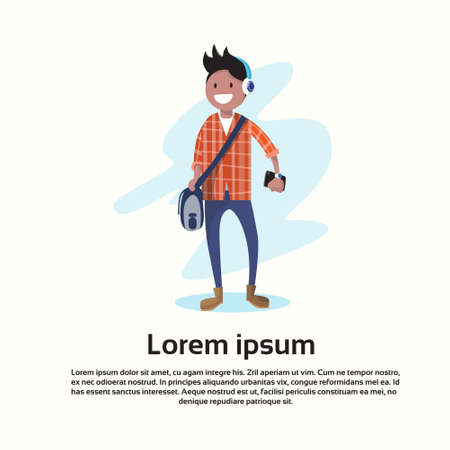 Teenager Casual Young Boy Cartoon Character Full Length Wear Headphones Listen To Music Flat Vector...
