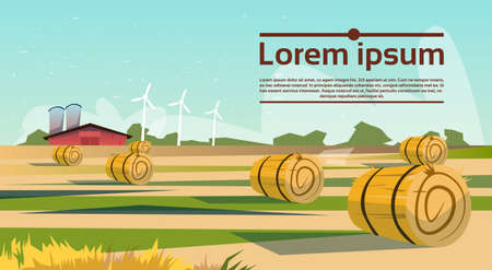 Agriculture And Farming, Field With Wind Turbine Farmland Countryside Landscape Flat Vector Illustrationのイラスト素材