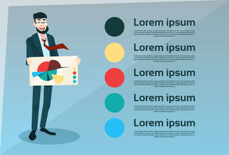 Smiling Business Man Hold Banner With Pie Diagram Flat Vector Illustrationのイラスト素材