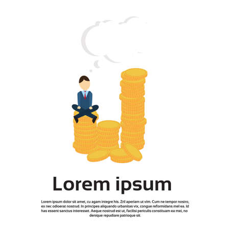 Business Man Sit Yoga Lotus Pose On Coins Flat Vector Illustrationのイラスト素材