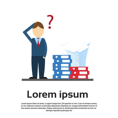 Business Man With Question Mark Pondering Pile Stack Paper Documents Paperwork Flat Vector Illustrationのイラスト素材
