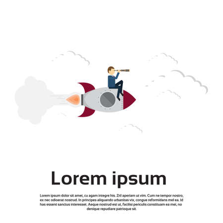 Business Man On Space Rocket Sit With Binoculars Looking For Successful Future Flat Vector Illustrationのイラスト素材