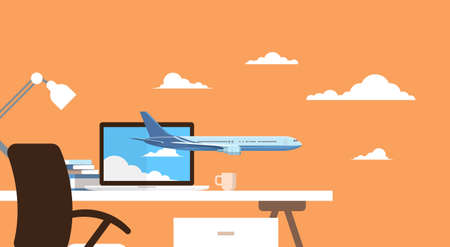 Empty Workplace Table Laptop Buy Ticket Online Application Travel Booking Air Plane Flight Flat Vector Illustrationのイラスト素材