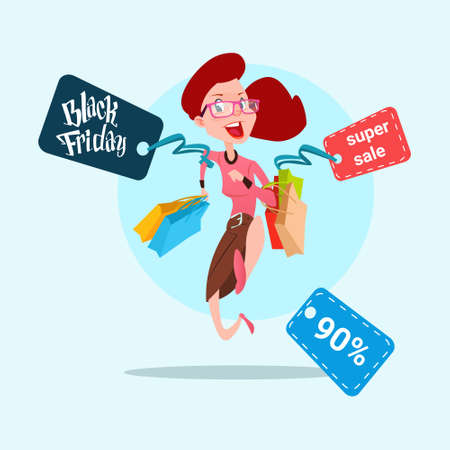 Woman With Shopping Bag Black Friday Big Sale Banner Vector Illustrationのイラスト素材