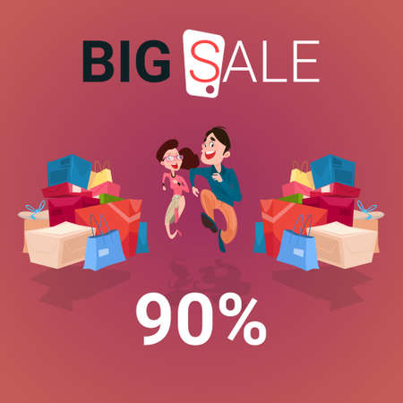 Couple With Shopping Bag Present Box Black Friday Big Sale Banner Vector Illustrationのイラスト素材