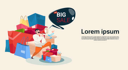 Man Hold Megaphone Black Friday Big Sale Holiday Shopping Banner Vector Illustrationのイラスト素材