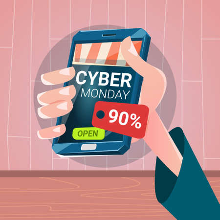 Hand Hold Cell Smart Phone Cyber Monday Big Sale Shopping Flat Vector Illustrationのイラスト素材
