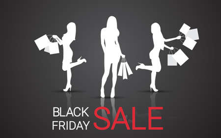 Silhouette Woman With Shopping Bag Black Friday Big Sale Banner Vector Illustrationのイラスト素材