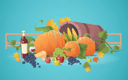 Fresh Vegetables Food Wine Fruit Set Flat Vector Illustrationのイラスト素材