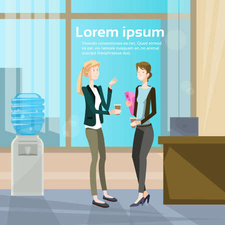 Business Women Speaking Two Colleague Communication Office Interior Flat Vector Illustrationのイラスト素材
