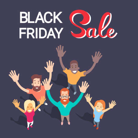 Excited People Group Big Sale Black Friday Shopping Banner Flat Vector Illustrationのイラスト素材