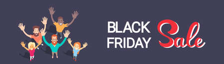Excited People Group Big Sale Black Friday Shopping Banner Flat Vector Illustrationのイラスト素材