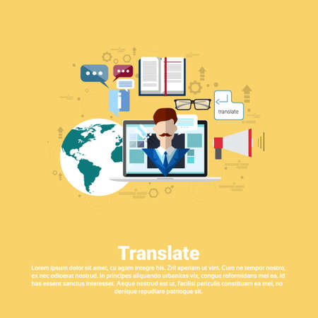 Translate Dictionary Vocabulary Technology Translation Tool Web Banner Flat Vector Illustrationのイラスト素材