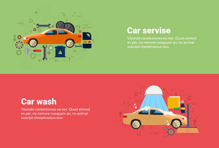 Car Wash Service Auto Business Web Banner Flat Vector Illustrationのイラスト素材