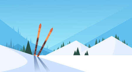Ski In Snow Winter Sport Mountain Background Flat Vector Illustrationのイラスト素材