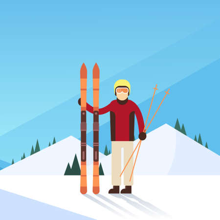 Man Ski Winter Sport Snow Mountain Background Flat Vector Illustrationのイラスト素材