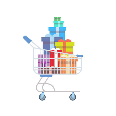 Shop Cart With Present Gift Boxes Holiday Shopping Marketing Sale Flat Vector Illustrationのイラスト素材