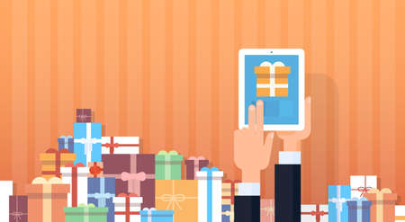 Business Man Hand Hold Tablet Computer Online Shopping Stacked Present Boxes Background Flat Vector Illustrationのイラスト素材