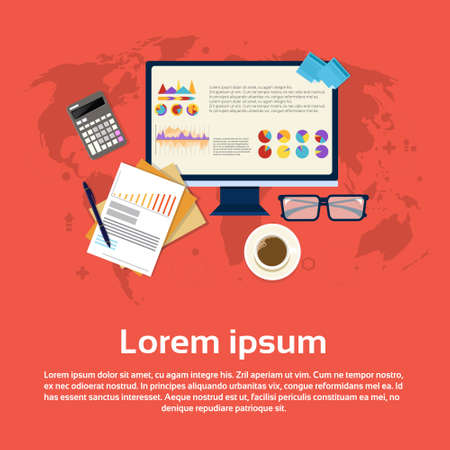 Calculator Accountant Analysis Computer Finance Diagram Web Banner Flat Vector Illustrationのイラスト素材