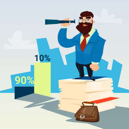 Successful Business Man Hold Binocular Finance Success Graph Flat Vector Illustrationのイラスト素材