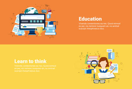 Education Online Learning Web Banner Flat Vector Illustrationのイラスト素材