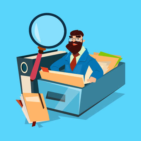 Business Man With Magnifying Glass Finance Documents Analysis Flat Vector Illustrationのイラスト素材