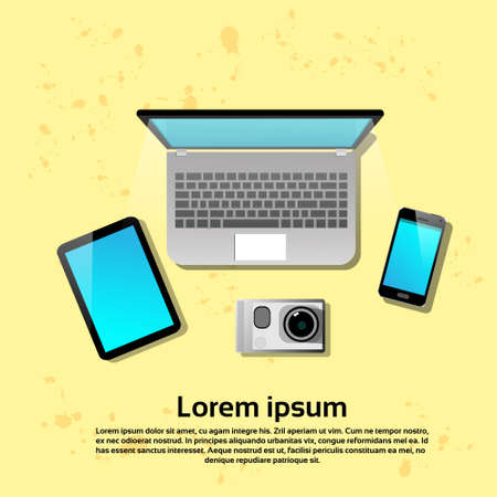 Laptop Computer Tablet Cell Smart Phone Video Camera Set Flat Vector Illustrationのイラスト素材