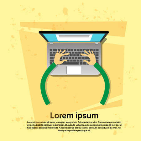 Laptop Hands Type Working Using Computer Top Angle View Flat Vector Illustrationのイラスト素材