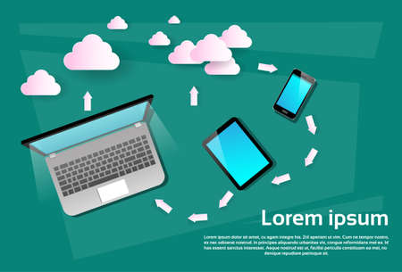 Laptop Computer Tablet Cell Smart Phone Cloud Database Data Synchronization Flat Vector Illustrationのイラスト素材