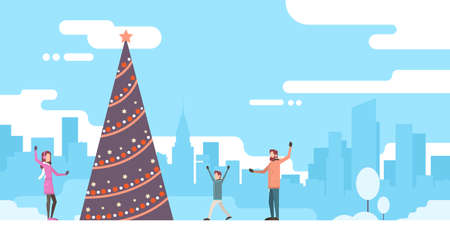 Christmas Happy Family With Green Tree Happy New Year Celebration Flat Vector Illustrationのイラスト素材