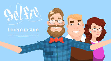 People Group Taking Selfie Photo On Smart Phone Colorful Casual Hipster Friends Vector Illustrationのイラスト素材