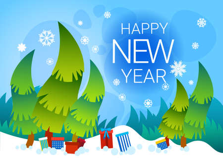 Christmas Winter Holiday Pine Snow Happy New Year Celebration Banner Flat Vector Illustrationのイラスト素材