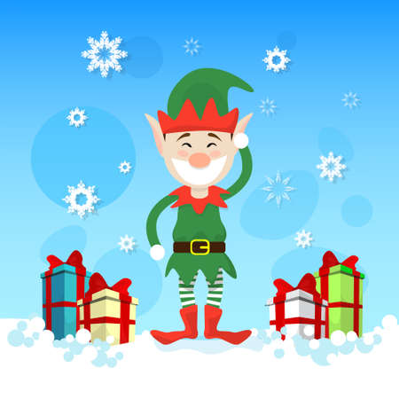 Smiling Christmas Elf With Holiday Present Boxes Happy New Year Celebration Banner Flat Vector Illustrationのイラスト素材