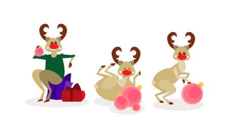 Christmas Reindeer Group Isolated Happy New Year Celebration Cartoon Characters Flat Vector Illustrationのイラスト素材