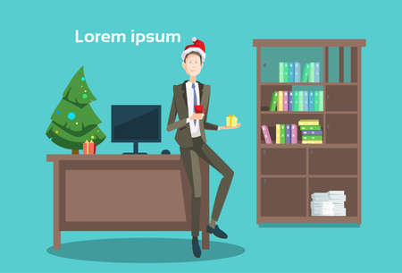 Business Man Decorated Workplace Office Merry Christmas And Happy New Year Businessman Wear Santa Hat Flat Vector Illustrationのイラスト素材