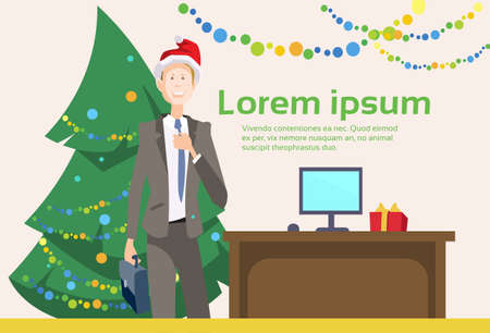 Business Man Decorated Workplace Office Merry Christmas And Happy New Year Businessman Wear Santa Hat Flat Vector Illustrationのイラスト素材