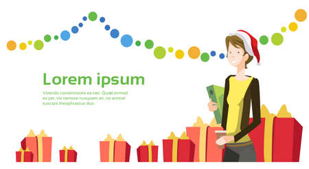 Business Woman Wear Santa Hat Present Boxes Merry Christmas And Happy New Year Celebration Flat Vector Illustrationのイラスト素材
