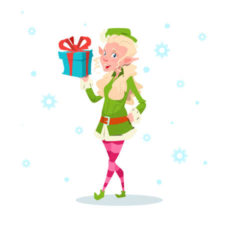 Christmas Elf Girl Cartoon Character Santa Helper Hold Present Box Flat Vector Illustrationのイラスト素材