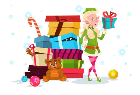 Christmas Elf Girl Cartoon Character Santa Helper With Present Box Flat Vector Illustrationのイラスト素材