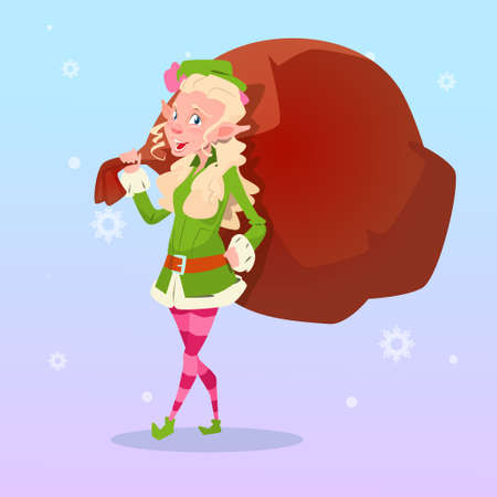 Christmas Elf Girl Cartoon Character Santa Helper Hold Big Present Sack Flat Vector Illustrationのイラスト素材