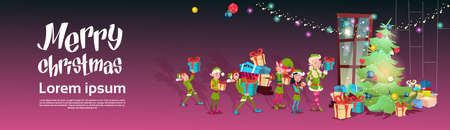 Green Elf Group Bring Presents To Christmas Tree Greeting Card Decoration Happy New Year Banner Flat Vector Illustrationのイラスト素材