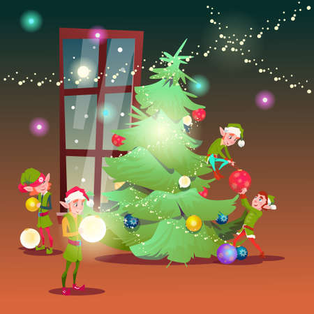 Green Elf Group Decorate Christmas Tree Greeting Card Decoration Happy New Year Banner Flat Vector Illustrationのイラスト素材