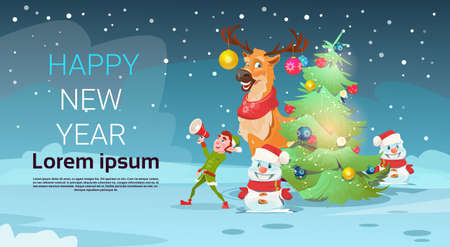 Christmas Green Tree Elf Reindeer Snowman Greeting Card Decoration Happy New Year Banner Flat Vector Illustrationのイラスト素材