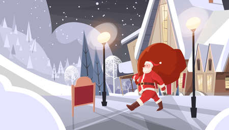 Santa Claus With Big Gift Sack Coming To House Happy New Year Merry Christmas Banner Flat Vector Illustrationのイラスト素材