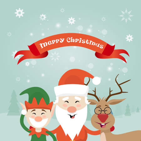 Merry Christmas Santa Clause Reindeer Elf Character Poster Greeting Card Flat Vector Illustrationのイラスト素材