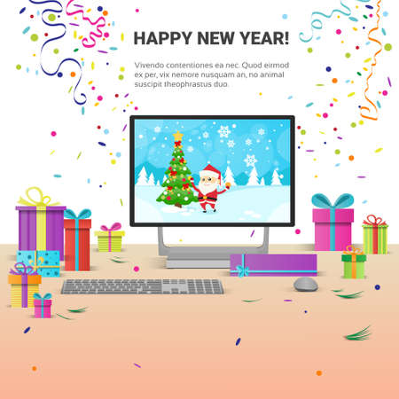 Decorated Workplace Computer Happy New Year Internet Christmas Sale Decoration Flat  Illustrationのイラスト素材