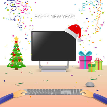 Decorated Workplace Computer Hands Using Typing Happy New Year Internet Christmas Sale Decoration Flat Illustrationのイラスト素材