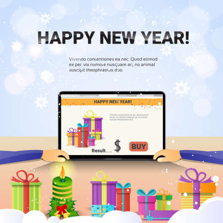 Decorated Workplace Laptop Computer Hands Using Typing Happy New Year Internet Christmas Sale Decoration Flat Illustrationのイラスト素材